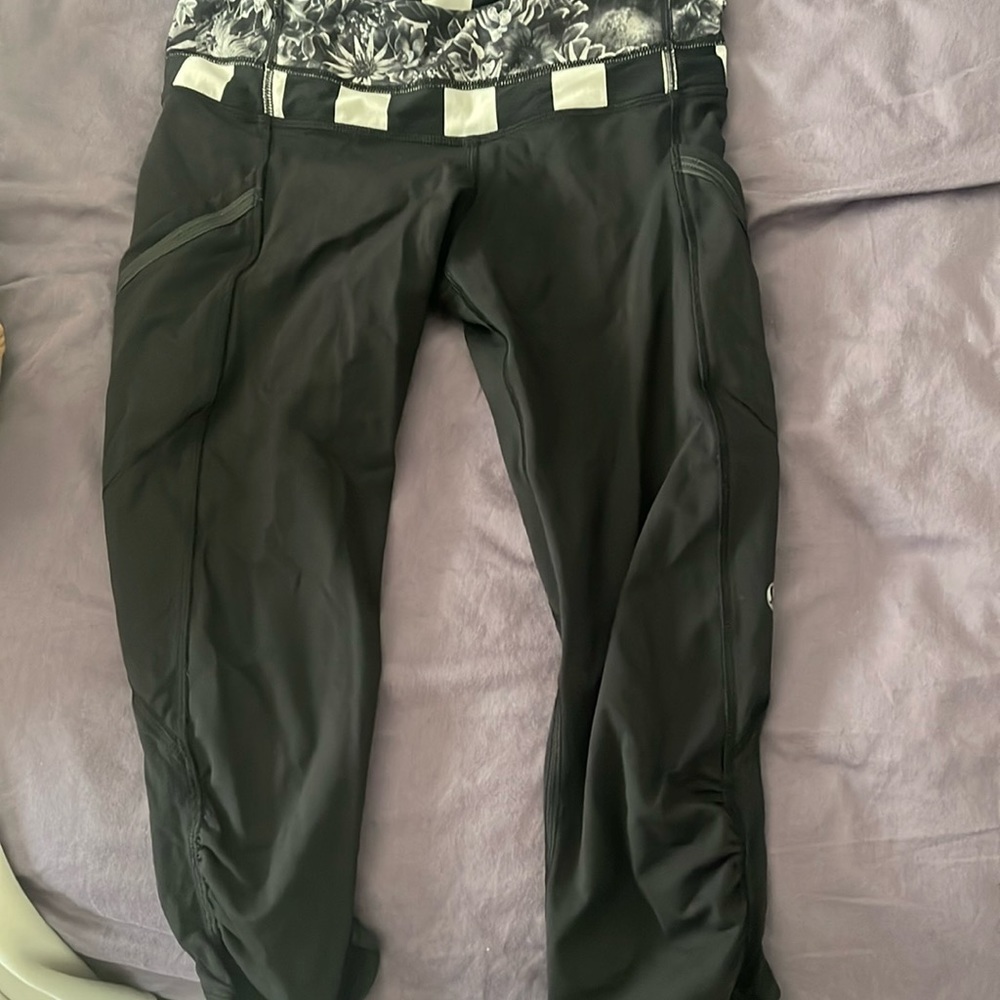 lululemon athletica Black Leggings with Floral Waistband